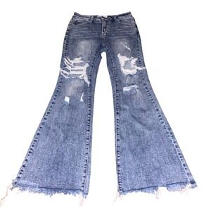Risen Jeans Women Distressed Flare Bell Bottom Denim Jeans Medium Wash Size 5/27